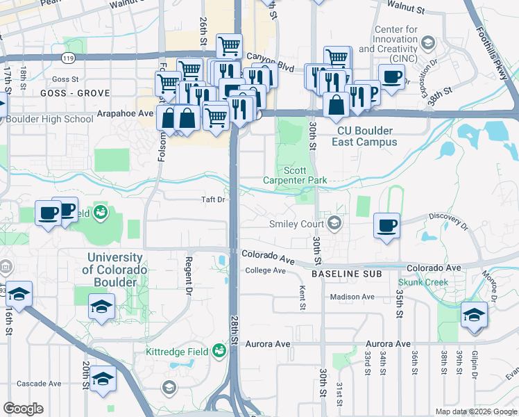 map of restaurants, bars, coffee shops, grocery stores, and more near 2871 Springdale Lane in Boulder
