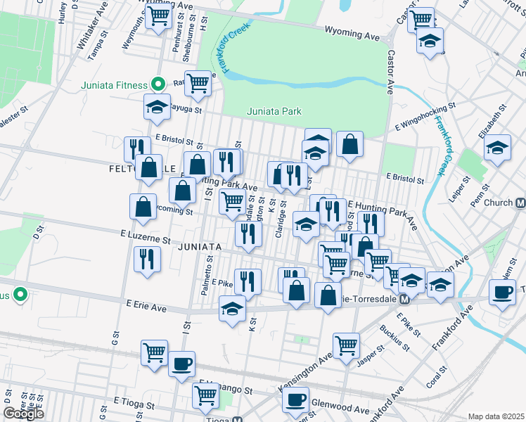 map of restaurants, bars, coffee shops, grocery stores, and more near 4119 Bennington Street in Philadelphia