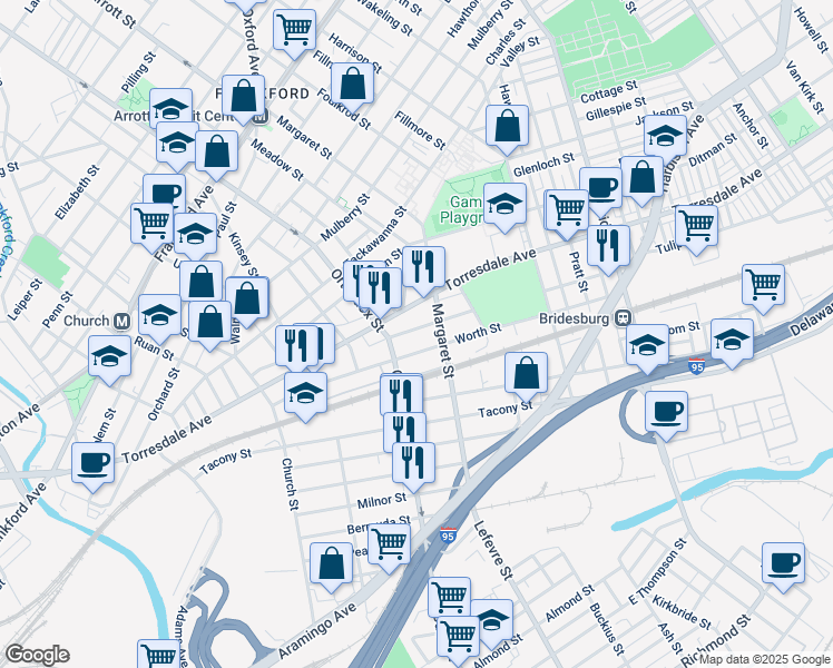 map of restaurants, bars, coffee shops, grocery stores, and more near 4627 Edmund Street in Philadelphia