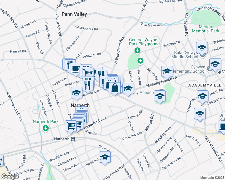 map of restaurants, bars, coffee shops, grocery stores, and more near 348 Meeting House Lane in Narberth