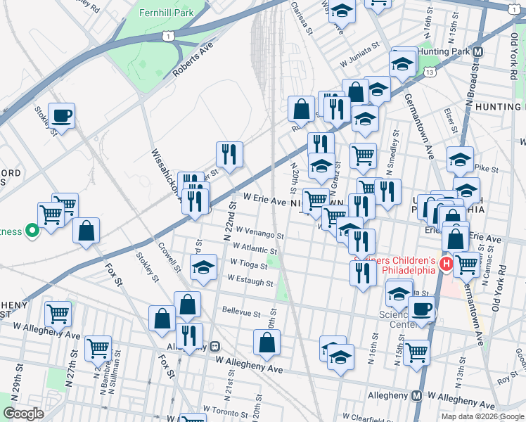 map of restaurants, bars, coffee shops, grocery stores, and more near 2023 West Venango Street in Philadelphia