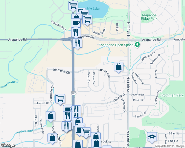 map of restaurants, bars, coffee shops, grocery stores, and more near 963 Clover Circle in Lafayette