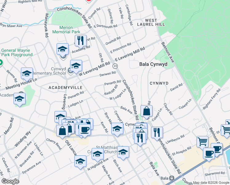 map of restaurants, bars, coffee shops, grocery stores, and more near 22 West Lodges Lane in Bala Cynwyd
