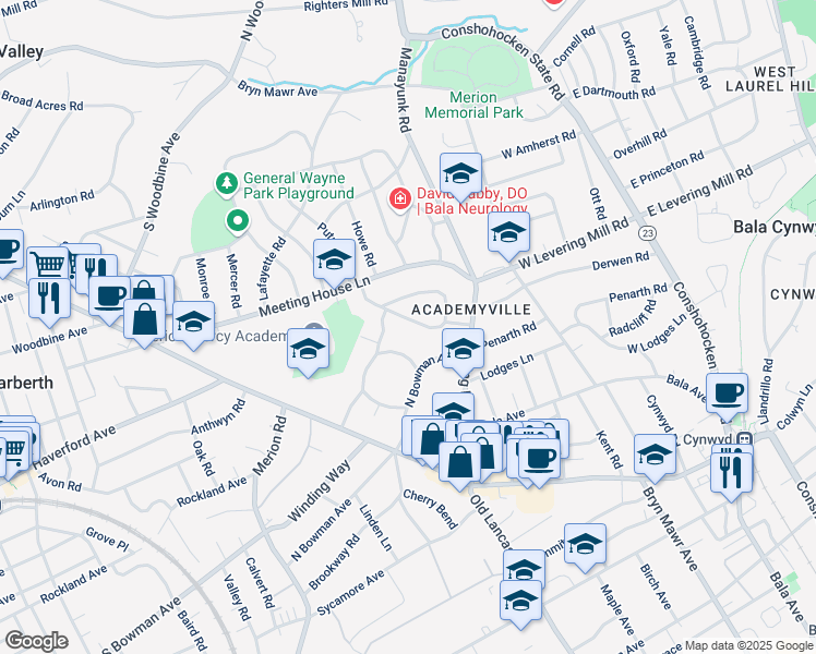 map of restaurants, bars, coffee shops, grocery stores, and more near 228 Derwen Road in Merion Station
