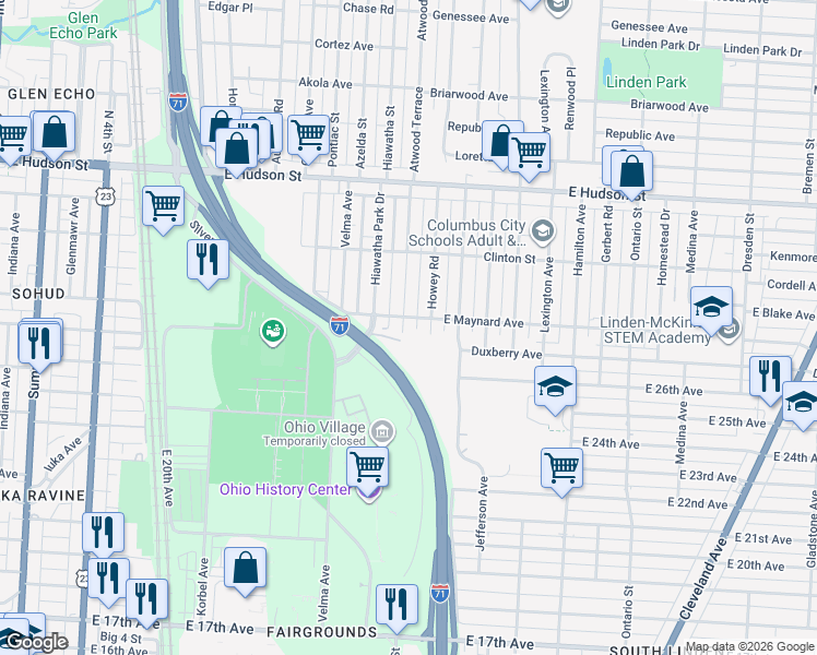 map of restaurants, bars, coffee shops, grocery stores, and more near 2170 Howey Road in Columbus