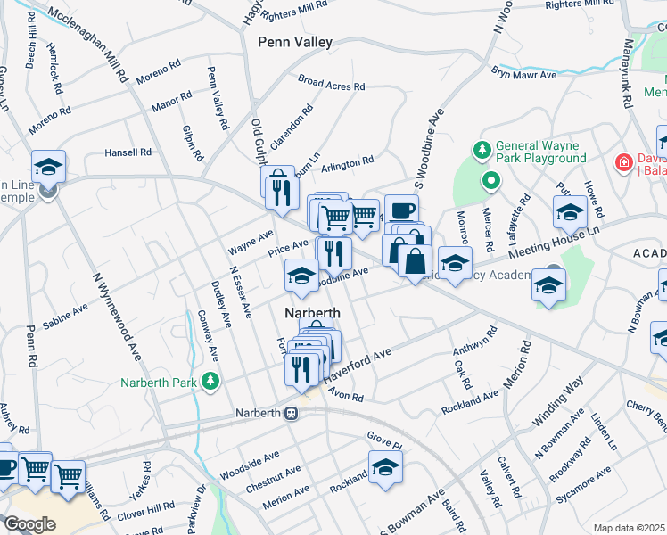 map of restaurants, bars, coffee shops, grocery stores, and more near 310 Iona Avenue in Narberth