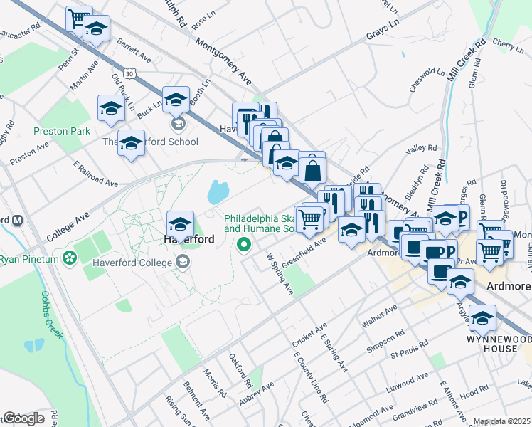 map of restaurants, bars, coffee shops, grocery stores, and more near 48 South Wyoming Avenue in Ardmore