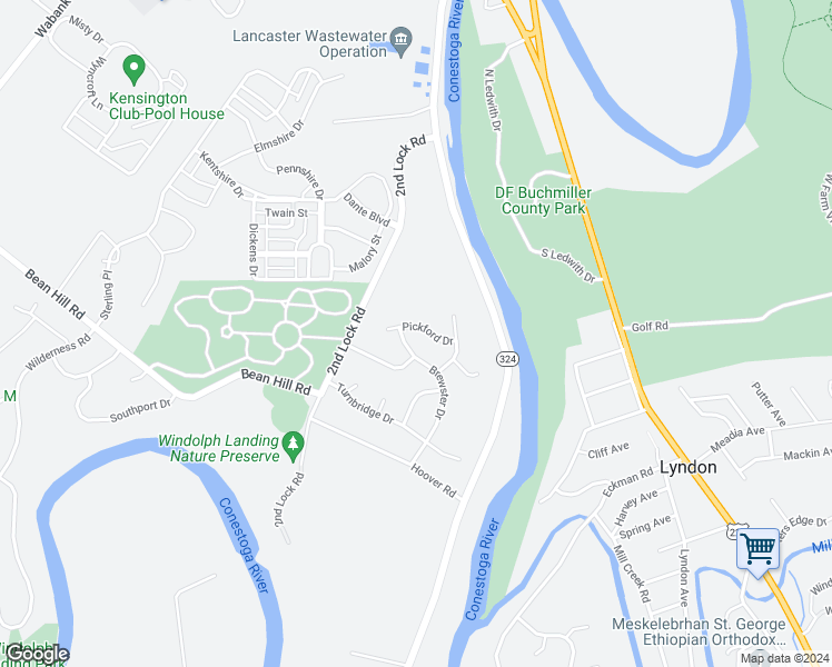 map of restaurants, bars, coffee shops, grocery stores, and more near 22 Pickford Drive in Lancaster