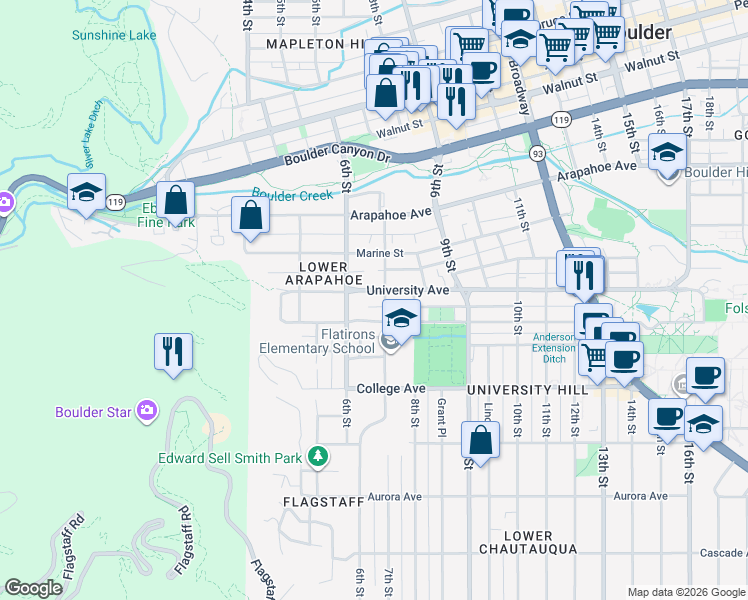 map of restaurants, bars, coffee shops, grocery stores, and more near 642 University Avenue in Boulder