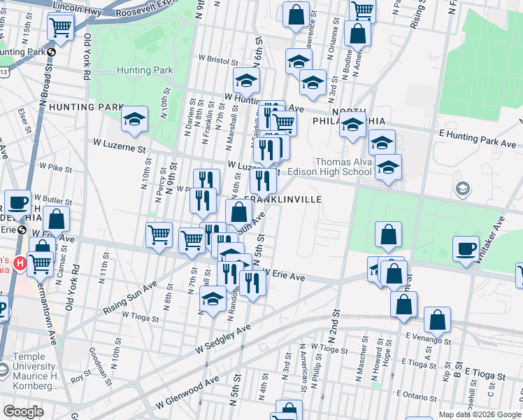 map of restaurants, bars, coffee shops, grocery stores, and more near 3820 North 5th Street in Philadelphia