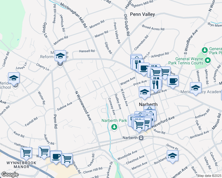 map of restaurants, bars, coffee shops, grocery stores, and more near 418 Dudley Avenue in Narberth