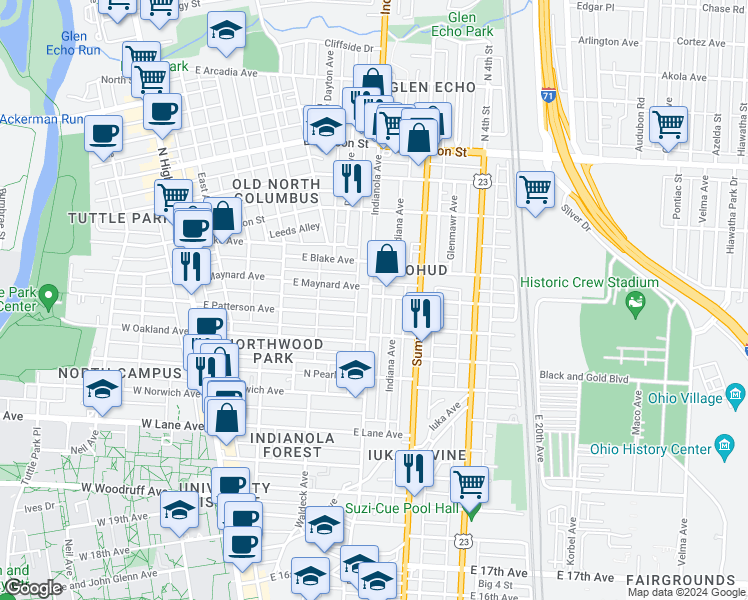map of restaurants, bars, coffee shops, grocery stores, and more near in Columbus