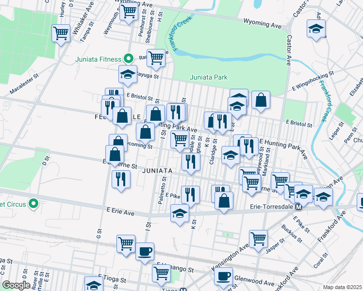 map of restaurants, bars, coffee shops, grocery stores, and more near 4112 J Street in Philadelphia
