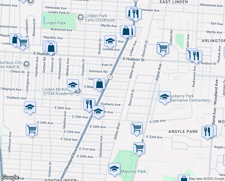 map of restaurants, bars, coffee shops, grocery stores, and more near 1531 East Blake Avenue in Columbus