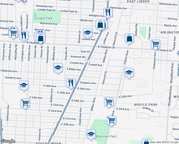 map of restaurants, bars, coffee shops, grocery stores, and more near 1531 East Blake Avenue in Columbus