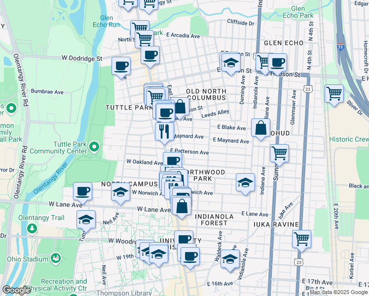map of restaurants, bars, coffee shops, grocery stores, and more near 2307 East Avenue in Columbus