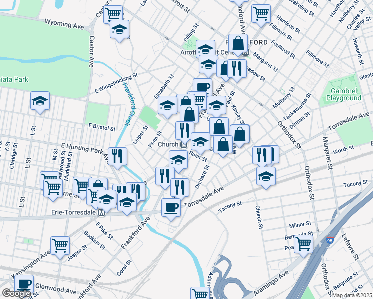 map of restaurants, bars, coffee shops, grocery stores, and more near 4261 Frankford Avenue in Philadelphia