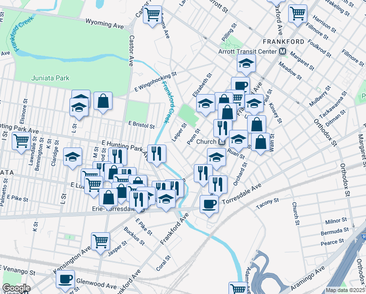 map of restaurants, bars, coffee shops, grocery stores, and more near 4212 Penn Street in Philadelphia