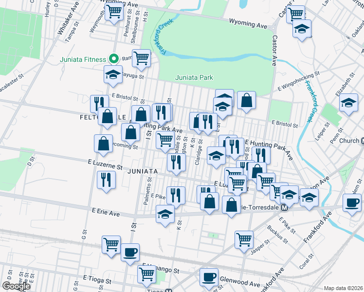 map of restaurants, bars, coffee shops, grocery stores, and more near 1129 East Lycoming Street in Philadelphia
