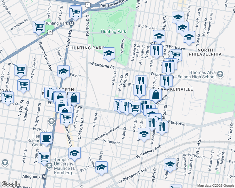 map of restaurants, bars, coffee shops, grocery stores, and more near 3757 North 9th Street in Philadelphia
