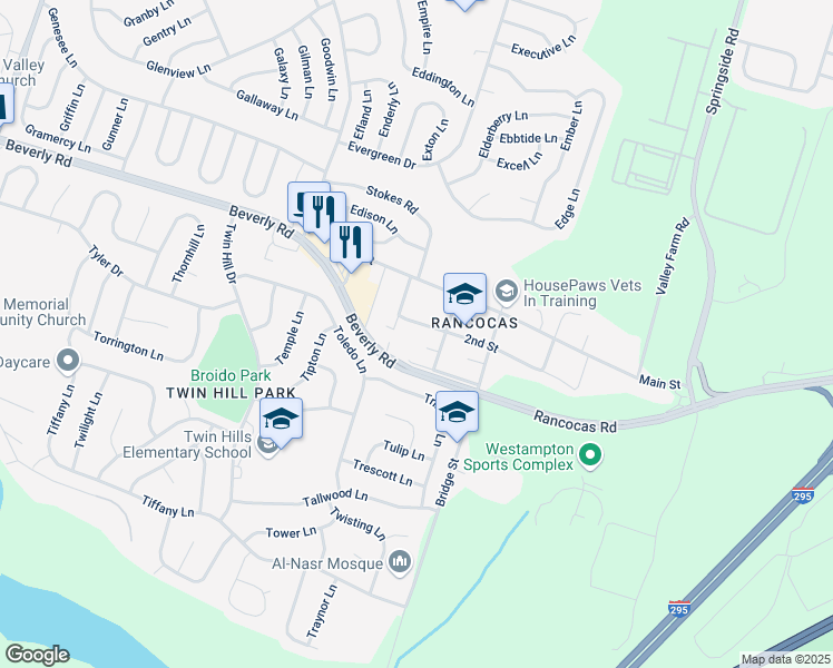 map of restaurants, bars, coffee shops, grocery stores, and more near 222 Olive Street in Westampton