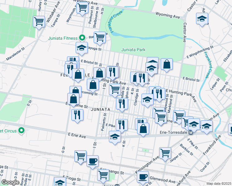 map of restaurants, bars, coffee shops, grocery stores, and more near 4112 J Street in Philadelphia