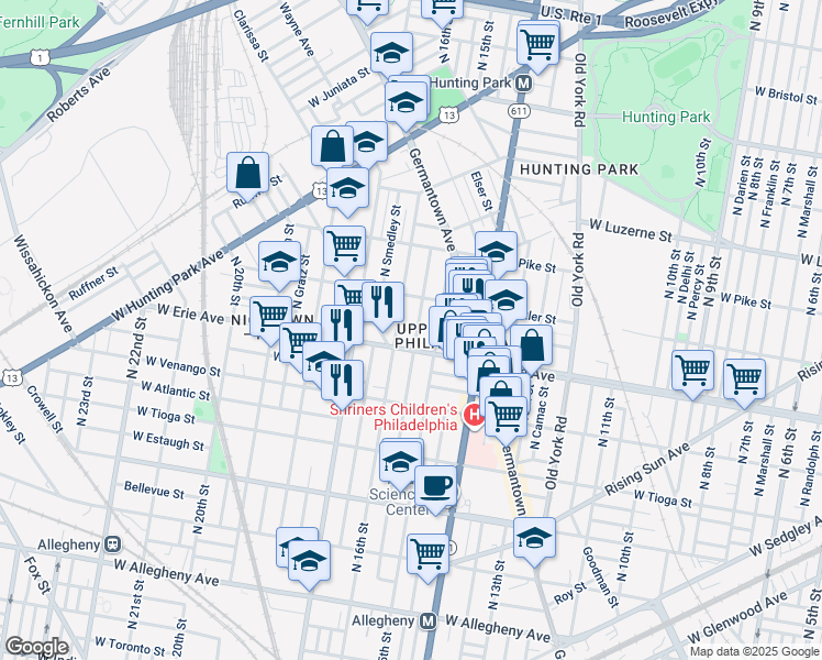 map of restaurants, bars, coffee shops, grocery stores, and more near 3714 North Sydenham Street in Philadelphia