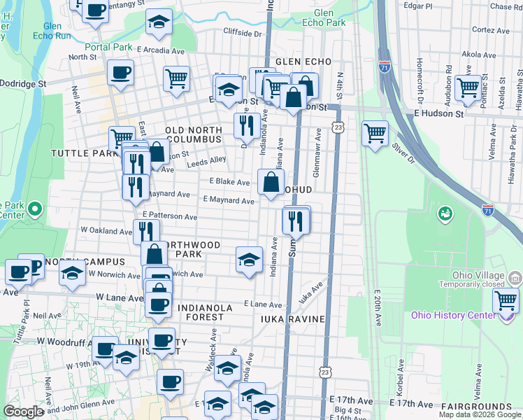 map of restaurants, bars, coffee shops, grocery stores, and more near 2300 Indianola Avenue in Columbus