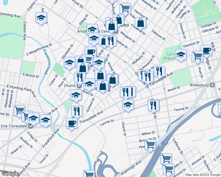 map of restaurants, bars, coffee shops, grocery stores, and more near 4329 Waln Street in Philadelphia