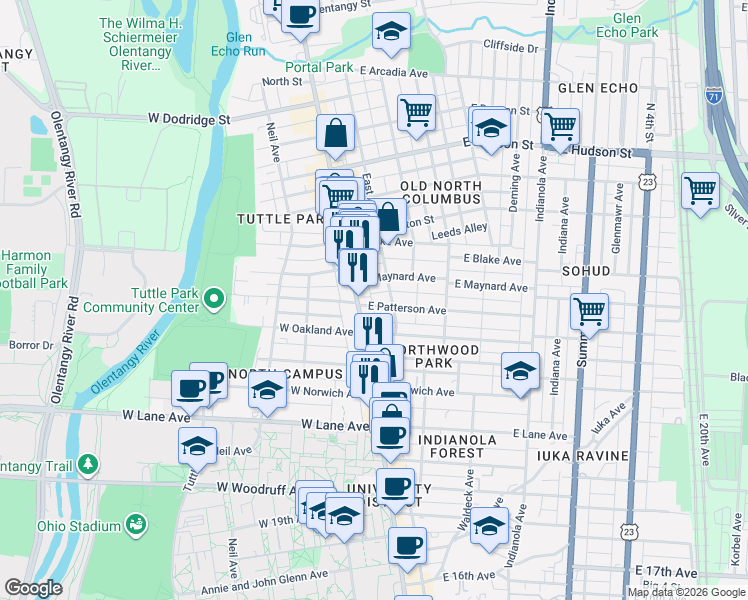 map of restaurants, bars, coffee shops, grocery stores, and more near in Columbus
