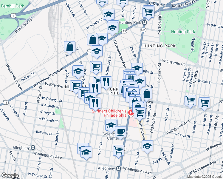 map of restaurants, bars, coffee shops, grocery stores, and more near 3713 North 16th Street in Philadelphia