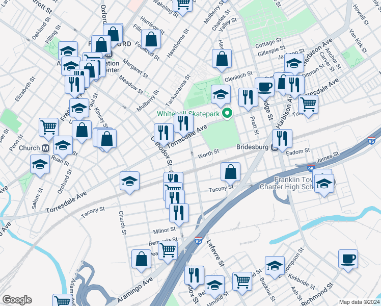 map of restaurants, bars, coffee shops, grocery stores, and more near 2110 Margaret Street in Philadelphia