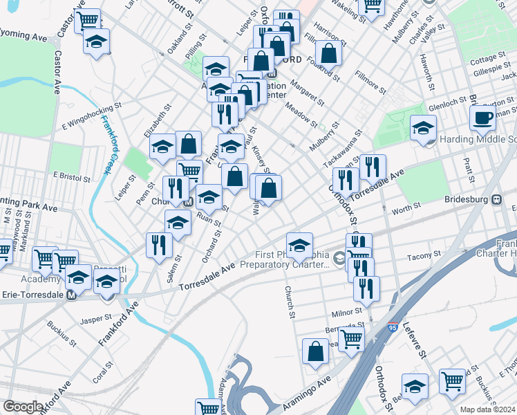 map of restaurants, bars, coffee shops, grocery stores, and more near 4329 Waln Street in Philadelphia