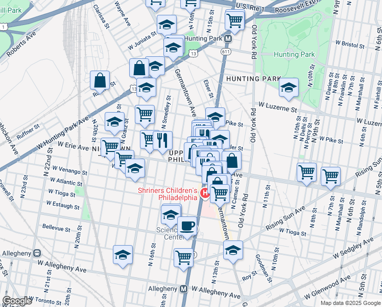 map of restaurants, bars, coffee shops, grocery stores, and more near 3725 North 15th Street in Philadelphia