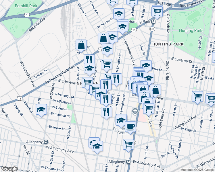 map of restaurants, bars, coffee shops, grocery stores, and more near 1642 West Erie Avenue in Philadelphia