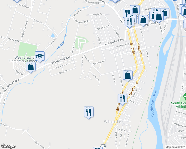 map of restaurants, bars, coffee shops, grocery stores, and more near 208 South 16th Street in Connellsville