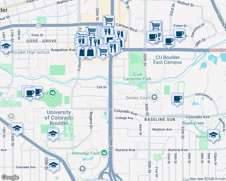 map of restaurants, bars, coffee shops, grocery stores, and more near 2821 Springdale Lane in Boulder