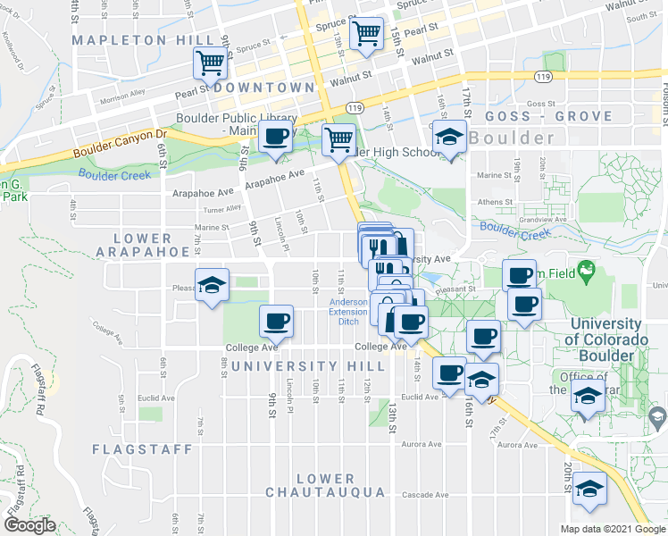 map of restaurants, bars, coffee shops, grocery stores, and more near 1043 Pleasant Street in Boulder
