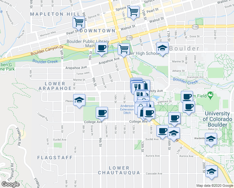 map of restaurants, bars, coffee shops, grocery stores, and more near 1043 Pleasant Street in Boulder