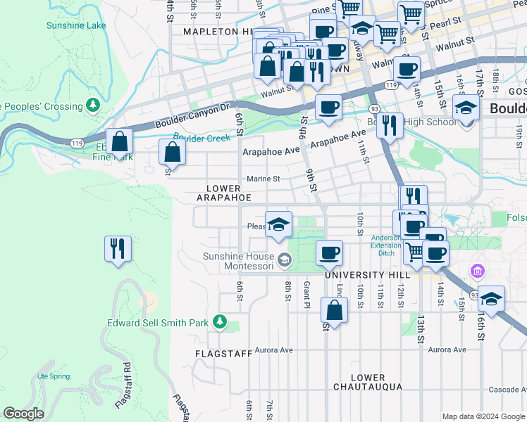 map of restaurants, bars, coffee shops, grocery stores, and more near 625 Pleasant Street in Boulder