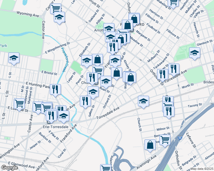 map of restaurants, bars, coffee shops, grocery stores, and more near 4274 Orchard Street in Philadelphia