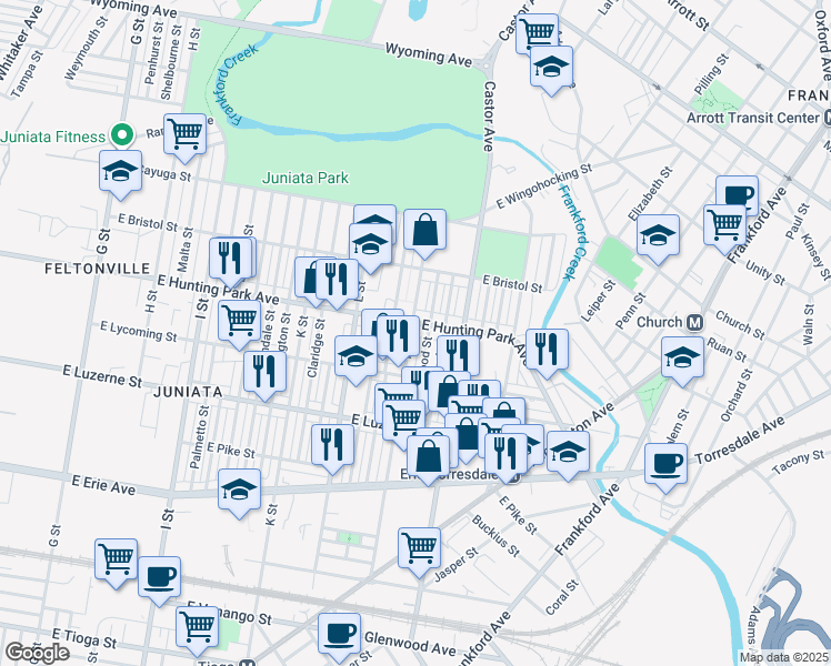 map of restaurants, bars, coffee shops, grocery stores, and more near 4124 M Street in Philadelphia