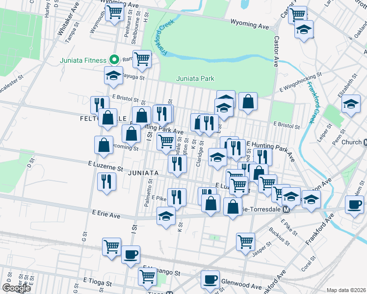 map of restaurants, bars, coffee shops, grocery stores, and more near 1129 East Lycoming Street in Philadelphia