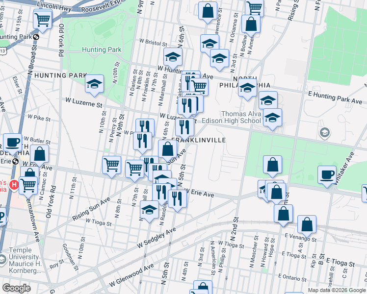 map of restaurants, bars, coffee shops, grocery stores, and more near 3820 North 5th Street in Philadelphia