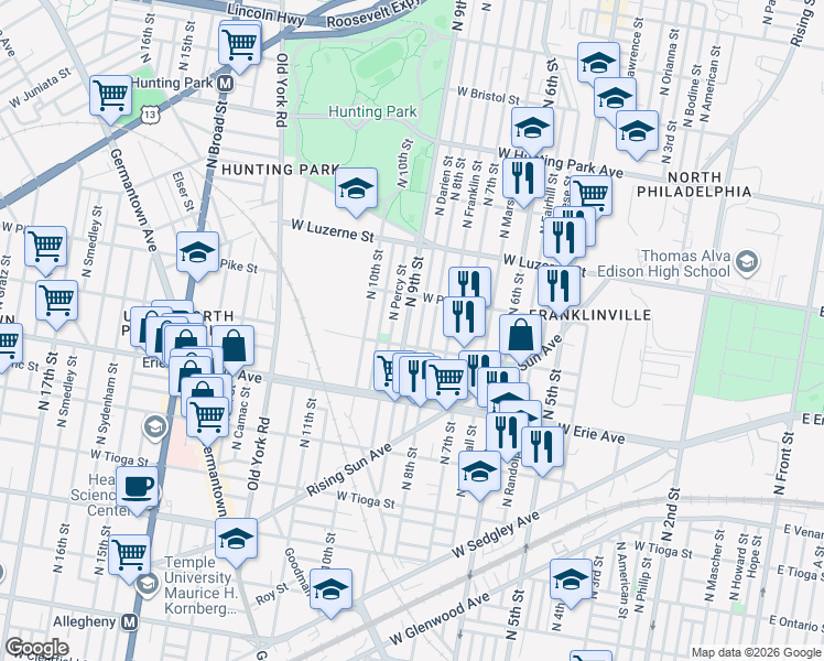 map of restaurants, bars, coffee shops, grocery stores, and more near 3757 North 9th Street in Philadelphia