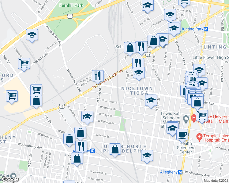 map of restaurants, bars, coffee shops, grocery stores, and more near 2023 West Venango Street in Philadelphia