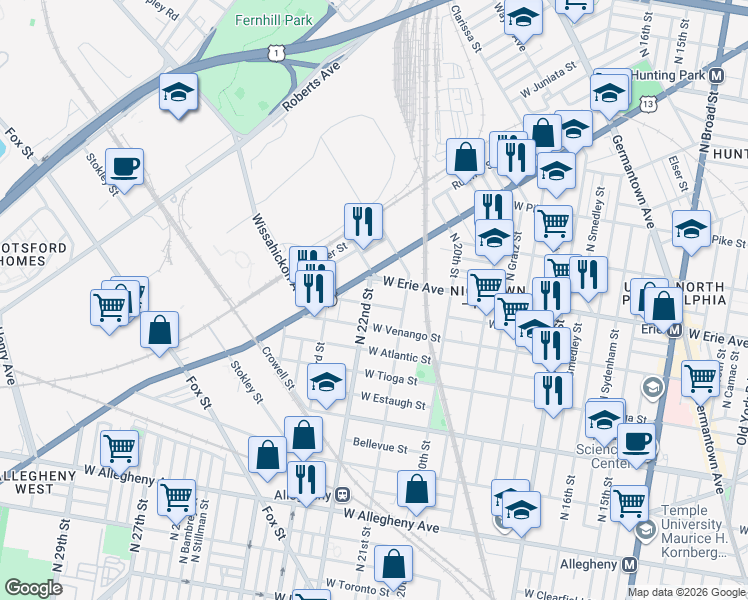 map of restaurants, bars, coffee shops, grocery stores, and more near 2126 West Pacific Street in Philadelphia