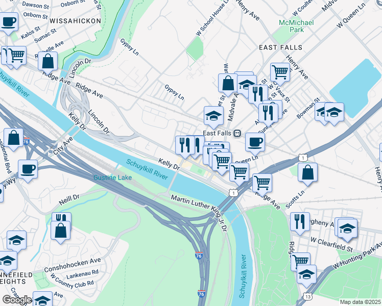 map of restaurants, bars, coffee shops, grocery stores, and more near 4268 Ridge Avenue in Philadelphia