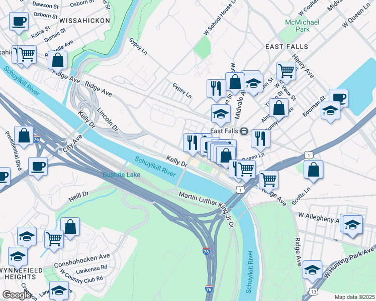 map of restaurants, bars, coffee shops, grocery stores, and more near 4268 Ridge Avenue in Philadelphia
