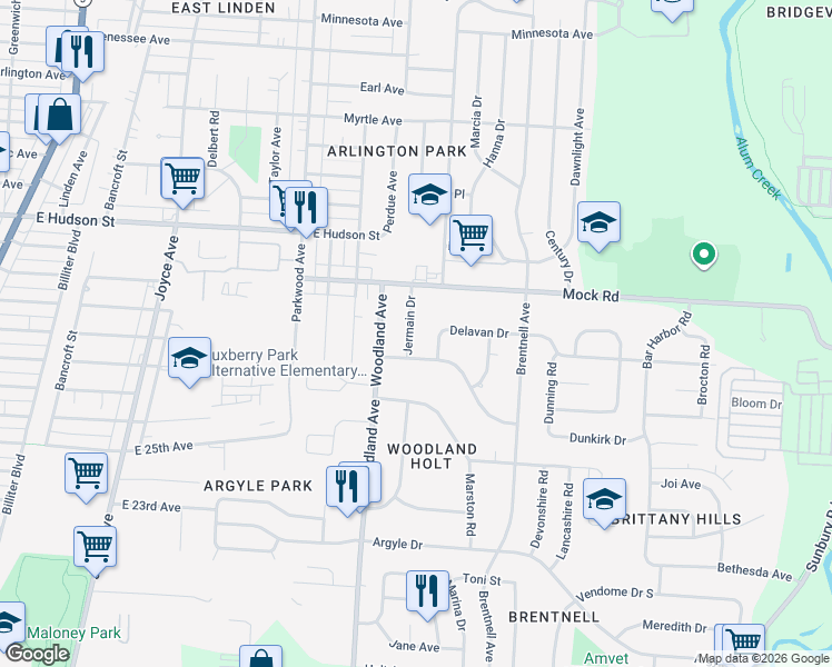 map of restaurants, bars, coffee shops, grocery stores, and more near 2168 Sagamore Road in Columbus
